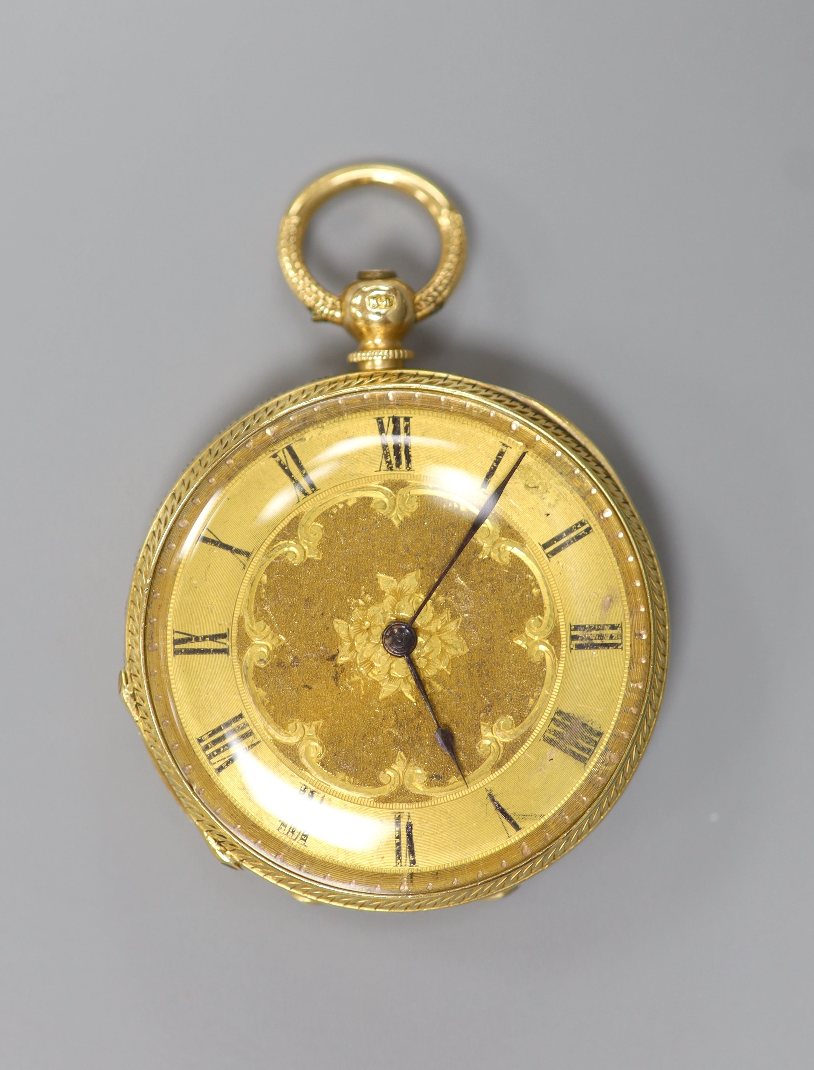 A continental engraved 18k yellow metal open face pocket watch